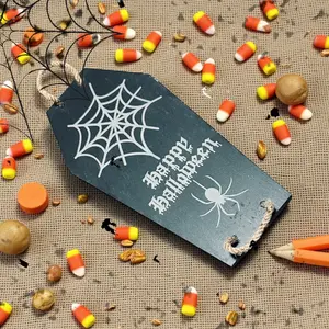 Happy Halloween Slate Coffin Trivet Tray with Spider Web Design and Spider Motif for Festive Table Settings