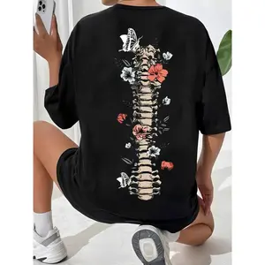 Women's Graphic Drop Shoulder Tee, Fashion Skeleton & Floral Print Half Sleeve T-shirt, Chic Summer Tee Shirts, Going Out Tops 2000s, Graphic Tees Women, Womenswear
