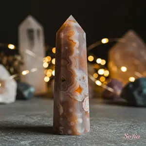 Natural Flower Agate Gemstone Crystal Tower Single Point Wand Blossom Agate Stone Obelisk Mineral Specimen Home Desk Meditation Decoration