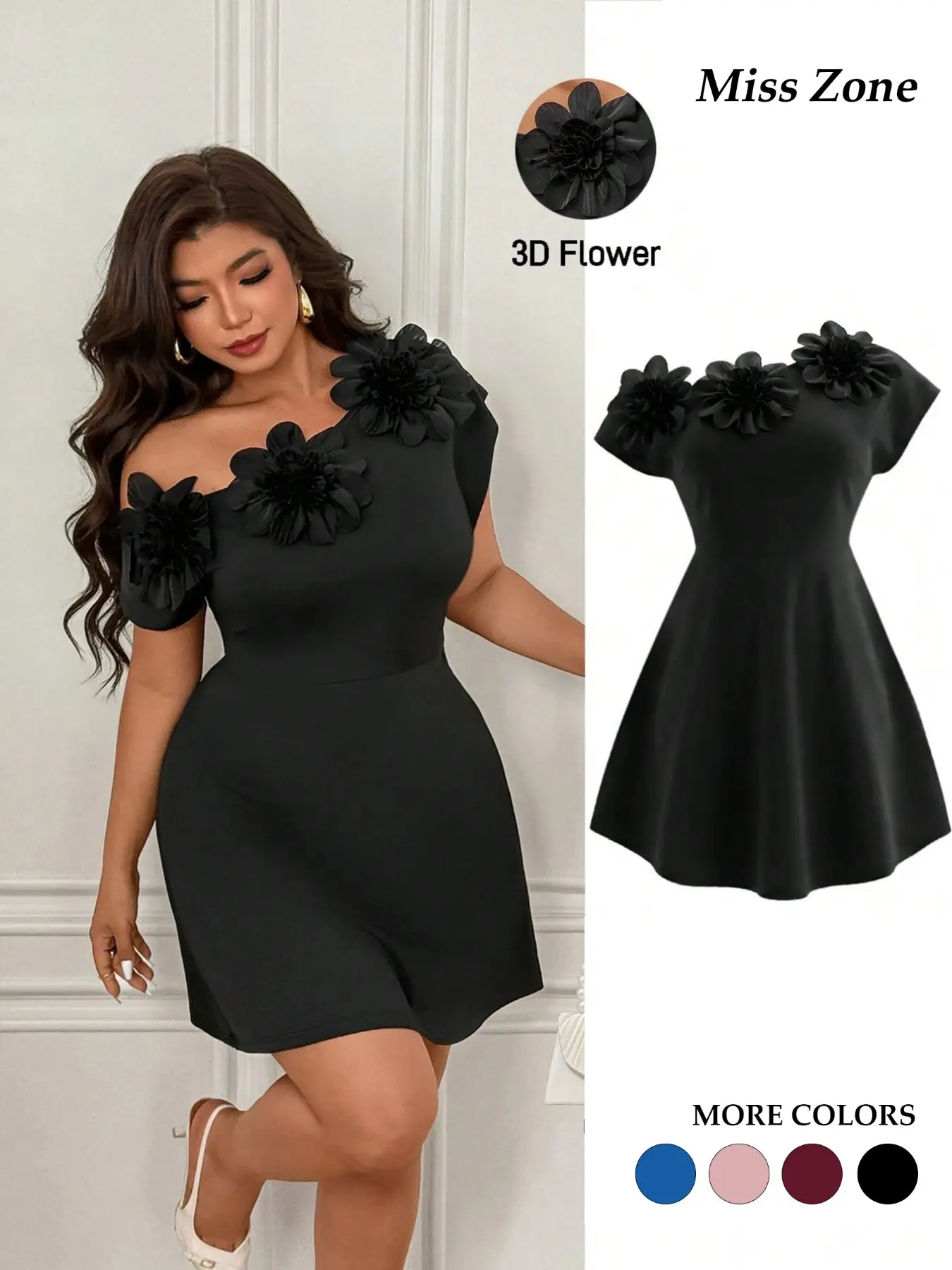 Women's Plus Size Mini Dress 3D Floral Applique Asymmetrical One Shoulder A-Line Flowy Elegant Cocktail Party Wedding Guest Trendy，Solid Color Floral Decor Ruched Shoulder Design Fashionable Short Dress