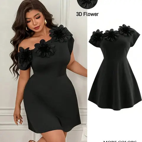 Women's Plus Size Mini Dress 3D Floral Applique Asymmetrical One Shoulder A-Line Flowy Elegant Cocktail Party Wedding Guest Trendy，Solid Color Floral Decor Ruched Shoulder Design Fashionable Short Dress