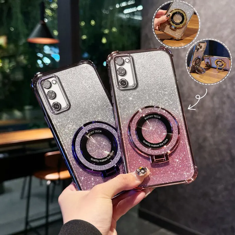 Suitable for [Galaxy S20 Fe] high-end phone case🥰,Electroplated Luxury Sparkly Glitter Phone Case with Ring Stand Holder 4-Corner Shockproof Camera Protective Cover 952