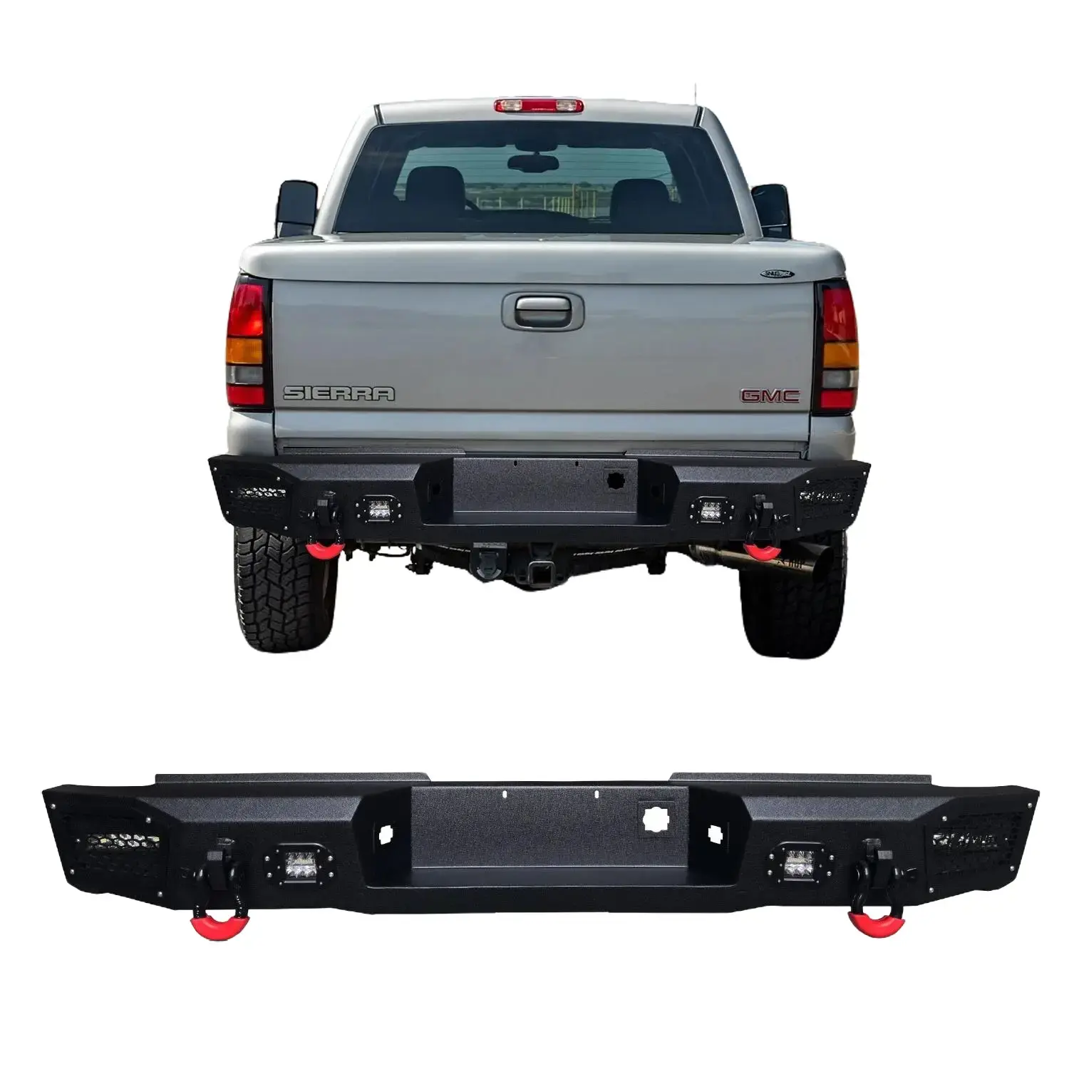 Vijay Metal Black Texture Steel Rear Bumper for 1999-2006 Chevy Silverado 2500HD/3500 & GMC Sierra 2500HD/3500 Truck, Includes LED Lights & 2 D-Rings, Off-Roading, Durable Protection, Improved Visibility & Safety, Simple Screw Installation
