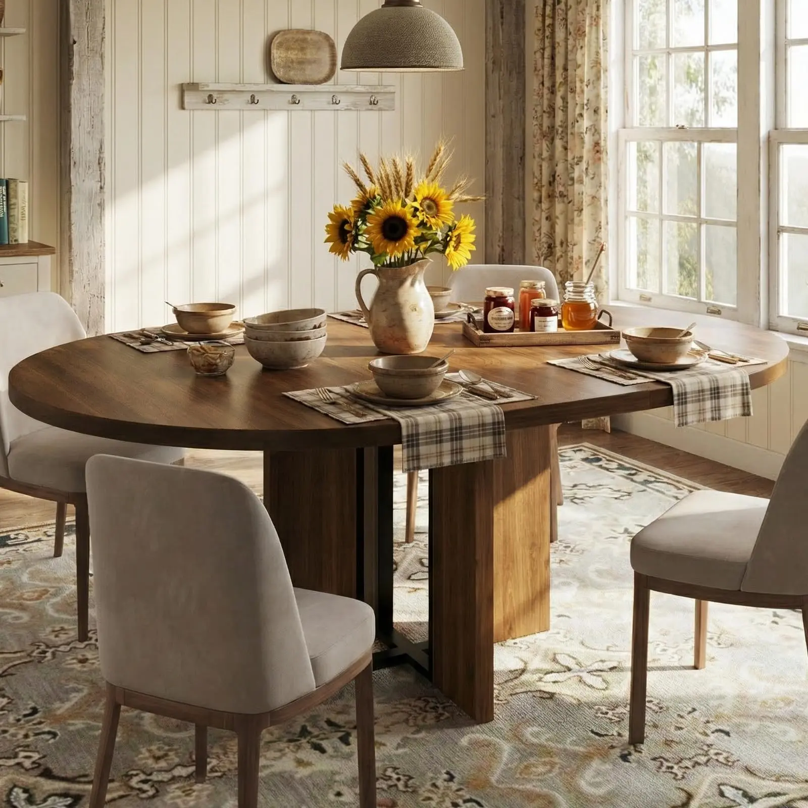 47″–63″ Extendable Round Dining Table for 4‑8 – Farmhouse Wood Expandable Kitchen Table with Wider Leg, Sturdy Metal Frame – Oval Circle for Dinner, Kitchen, Apartment – Space‑Saving