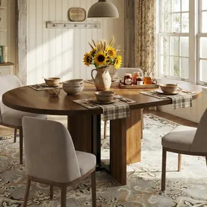 47″–63″ Extendable Round Dining Table for 4‑8 – Farmhouse Wood Expandable Kitchen Table with Wider Leg, Sturdy Metal Frame – Oval Circle for Dinner, Kitchen, Apartment – Space‑Saving