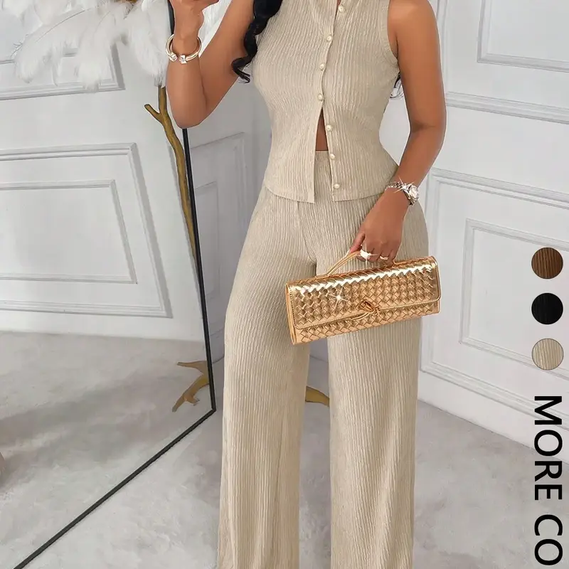2-Piece Women's Chic Textured Matching Set, Sophisticated Sleeveless Crew Neck Button-Front Top and Wide-Leg Pants, Casual Solid Color Outfit Suits