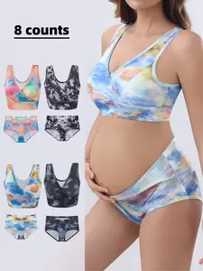 Maternity All Over Print Wrap Bra & Panty Underwear Set, Pregnancy Maternity Bra, Casual Comfy Removable Chest Pads Bra & Panty for Daily Wear, Pregnant Woman's Underwear Set for All Seasons