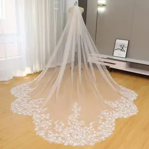 Flower Appliqué Pearl Beads Sparkle Sequin Lace Wedding Veil, Cathedral Regular Tulle