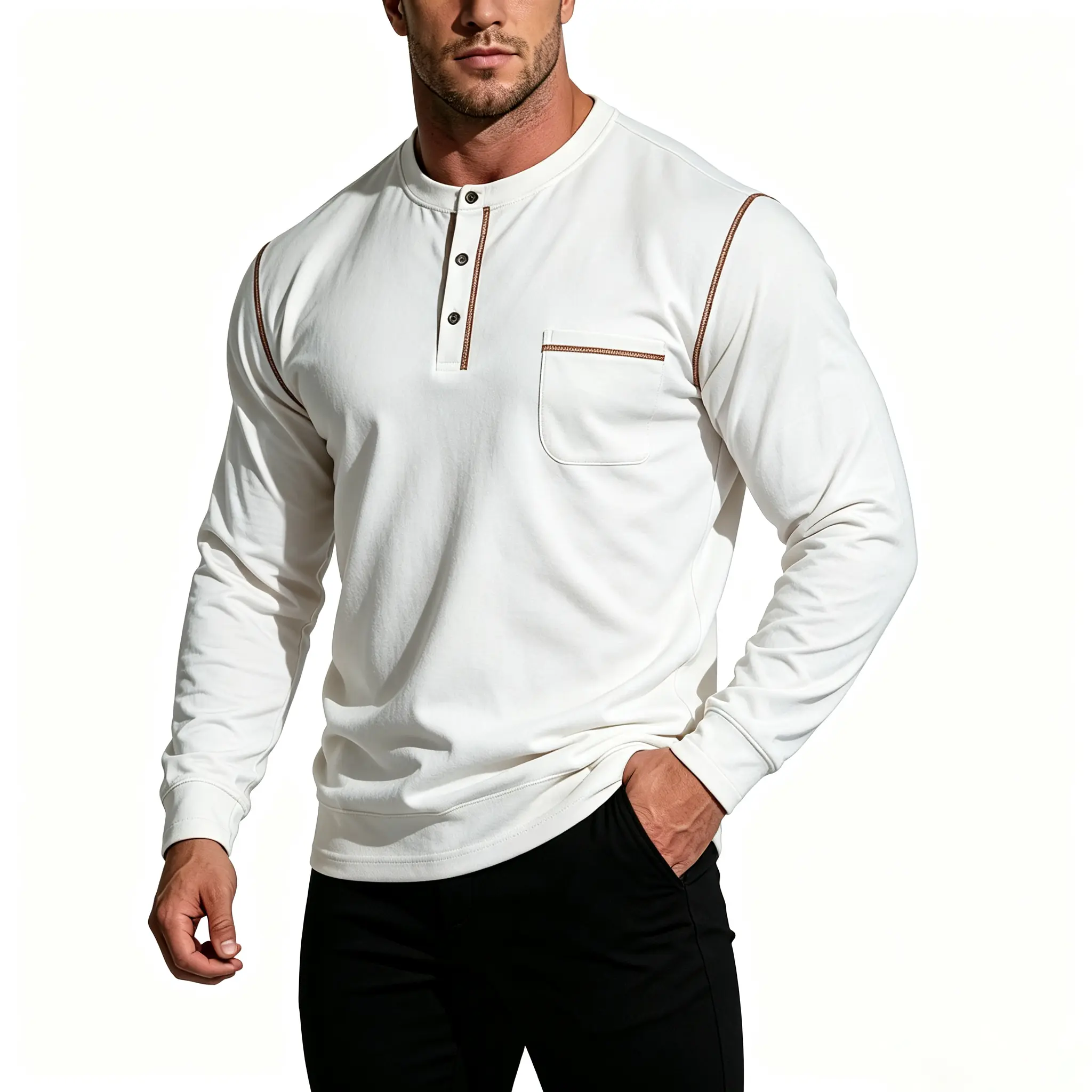 Men's Classic Long Sleeve Henley Shirt, Retro Casual Solid Color Top with 3-Button Placket and Pocket, Soft Stretchy Slim-Fit Base Layer