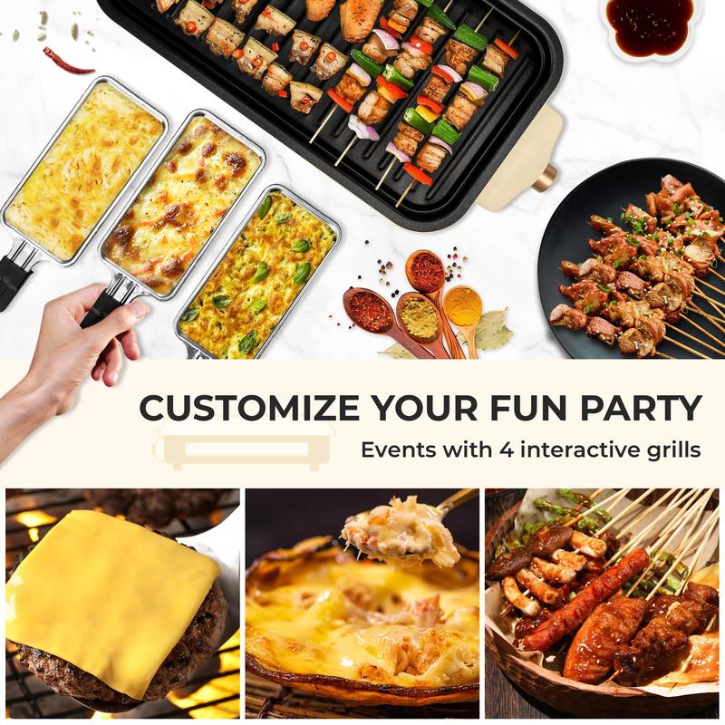 Pukomc Indoor Smokeless Electric Grill – 1500W, Rapid Heating, Non-Stick Removable Plate, Includes 3 Mini Raclette Pans & Wooden Spatulas, Dishwasher Safe, Constant Temperature