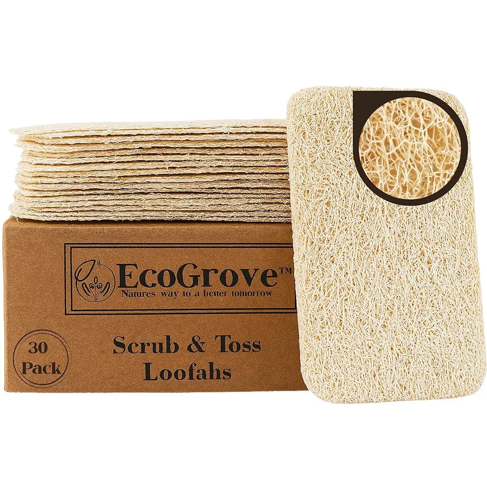 EcoGrove 100% Natural Loofah Sponges for Dishes Face & Shower - Biodegradable BPA-Free 30 Pack Scrub Toss Loofahs for Kitchen Cleaning