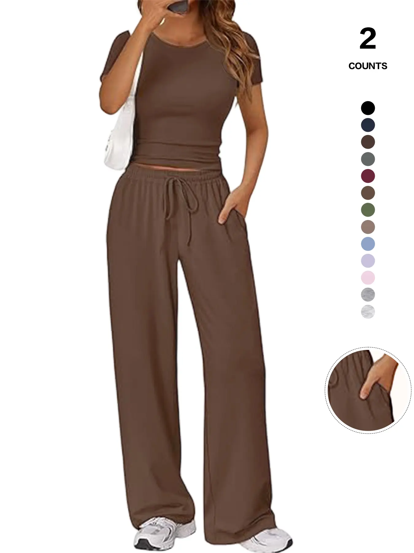Women's Spring Summer Casual Set, Round Neck Short Sleeve Top & Wide Leg Pants, Slim Fit Home Wear, 2 Piece Comfortable Women's Spring Summer Casual Set, Round Neck Short Sleeve Top & Wide Leg Pants, Slim Fit Home Wear, 2 Piece Comfortable