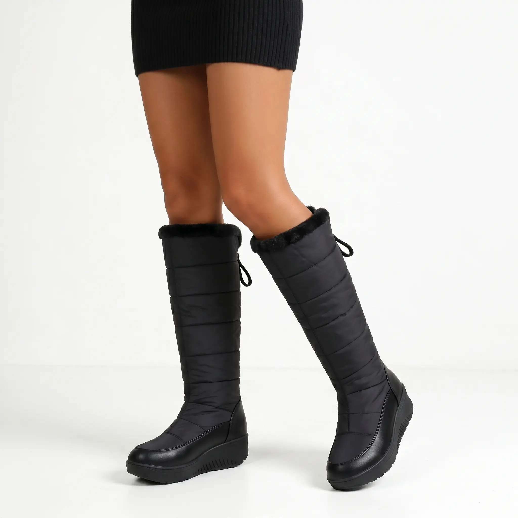 VIMISAOI Knee High Boots For Women Round Toe Wedge Heel Wide Calf Pull On Lace Faux Fur Lined Warm Plush Comfortable Fashion All Day Wear Outdoor Activities Casual Party Dress Holiday Vacation Travel Platform Booties Shoes