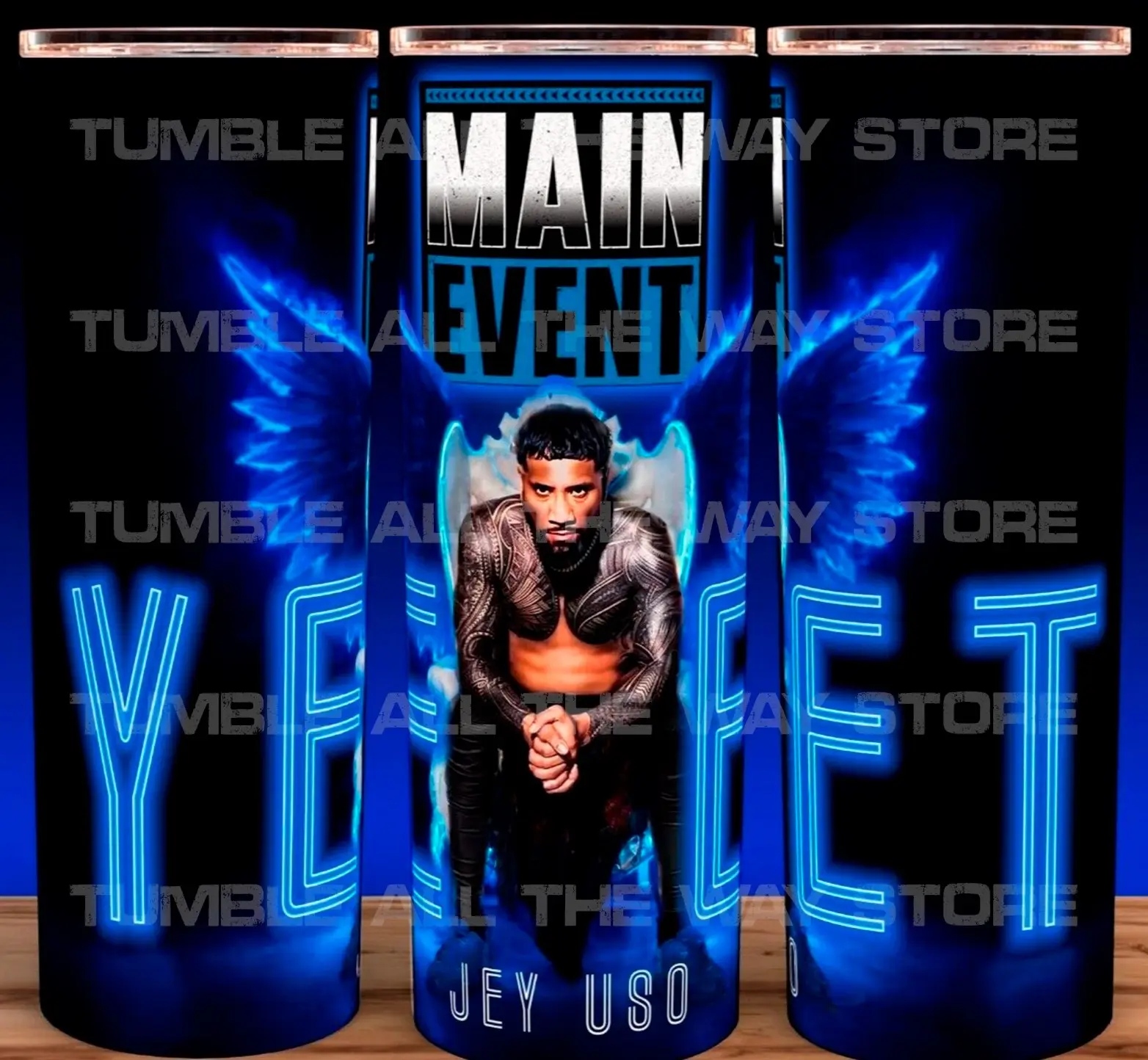 Jey Uso Main Event Wrestling Yeet Cup Mug Tumbler 20oz Stainless Steel Tumbler with Slide Closure Lid, Reusable Plastic Straw, Handmade Design - Drinkware