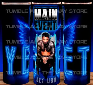 Jey Uso Main Event Wrestling Yeet Cup Mug Tumbler 20oz Stainless Steel Tumbler with Slide Closure Lid, Reusable Plastic Straw, Handmade Design - Drinkware