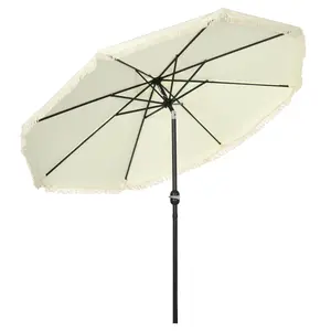 9ft Patio Umbrella with Push Button Tilt and Crank, Ruffled Outdoor Market Table Umbrella with Tassles and 8 Ribs, for Garden, Deck, Pool, Cream White,Waterproof and UV resistant,strong