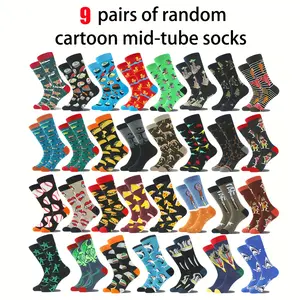 9 Pairs of Random Cartoon Mid-Tube Sport Socks Assorted Designs and Colors for Fun and Comfort Tropical Menswear Layer Tubesocks