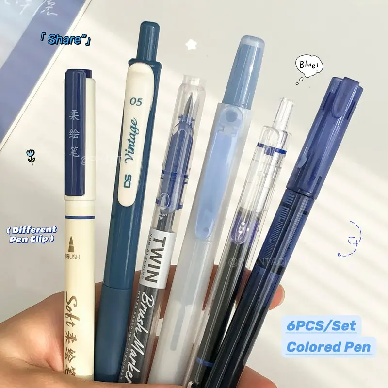 6PCS Colored Calligraphy Pen Aesthetic Pens Multiple Types Writing Pen Set 0.5mm Gel Pen  Soft Head Pen Retro Color Brush Pen Painting Drawing Pen Set Art Supplies Office Supplies Colored Pens Set