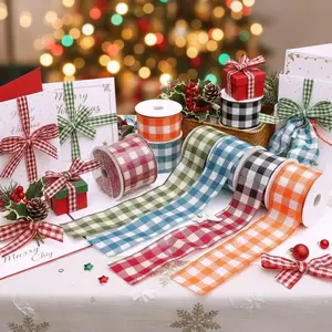 2.5” x 10 Yard Plaid Gingham Wired Edge Ribbon  for DIY Crafting, Home Décor