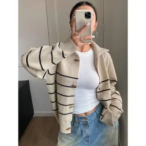 Women's Button Front Striped Colorblock Lapel Neck Long Sleeve Cardigan Sweater, Fall & Winter Casual Fashion Open Front Warm Classic Stylish Cozy Chic Cute Knit Cardigan Outerwear, Winter Sweater for Women, Ladies Fashion Knitwear, Tops