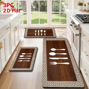 Vintage Style Floor Mat, Wood Grain Base, Utensil Pattern, Durable Print, Ideal for Living Room, Bedroom, Bathroom, Kitchen