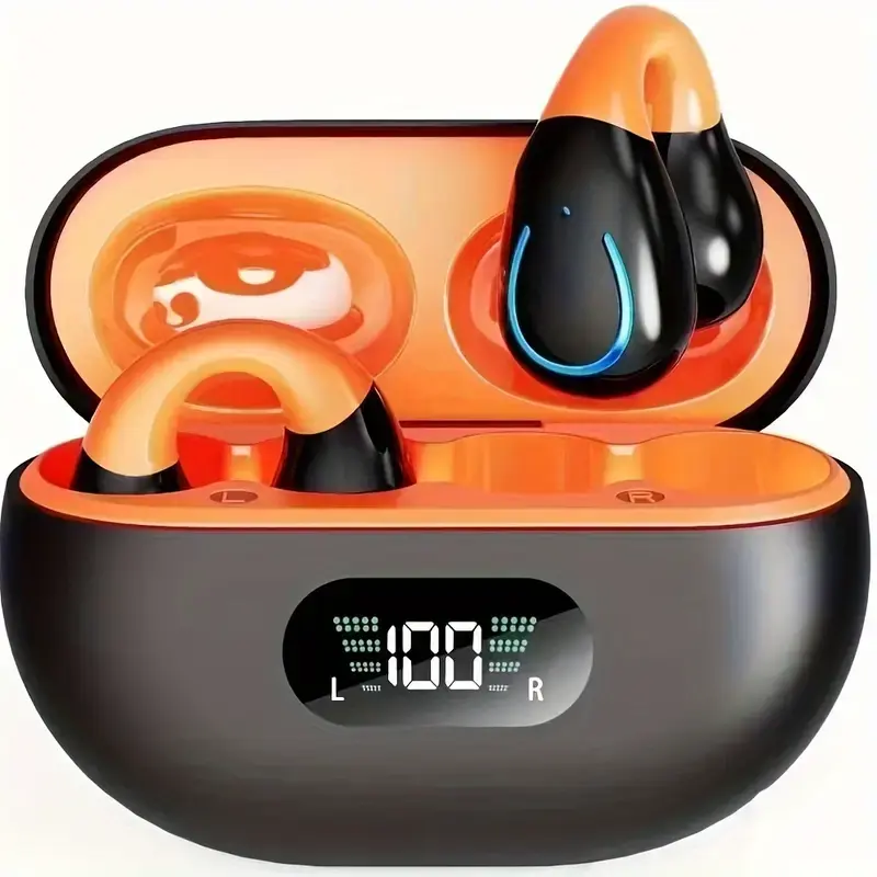 Open-Ear True Wireless Headphones, Bluetooth Sports Earbuds with Noise Cancelling, Long Battery Life, HiFi Stereo Sound, Lightweight Open Ear Earphones, Black Orange Rechargeable Headset, Ideal Gifts for Men and Women for Daily Sports & Outdoor Use