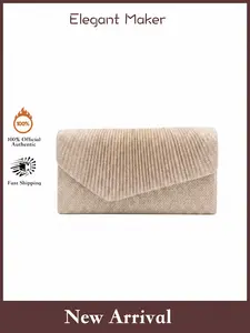 Elegant Champagne Gold Ruched Clutch Bag, Women’s Luxury Formal Envelope Handbag, Versatile Crossbody Purse for Weddings & Events