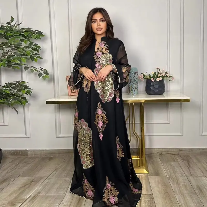 Luxury Embroidered Kaftan Abaya for Women – Elegant Maxi Dress with Sequin Details & Flowy Sleeves – Runs Big Oversized Fit