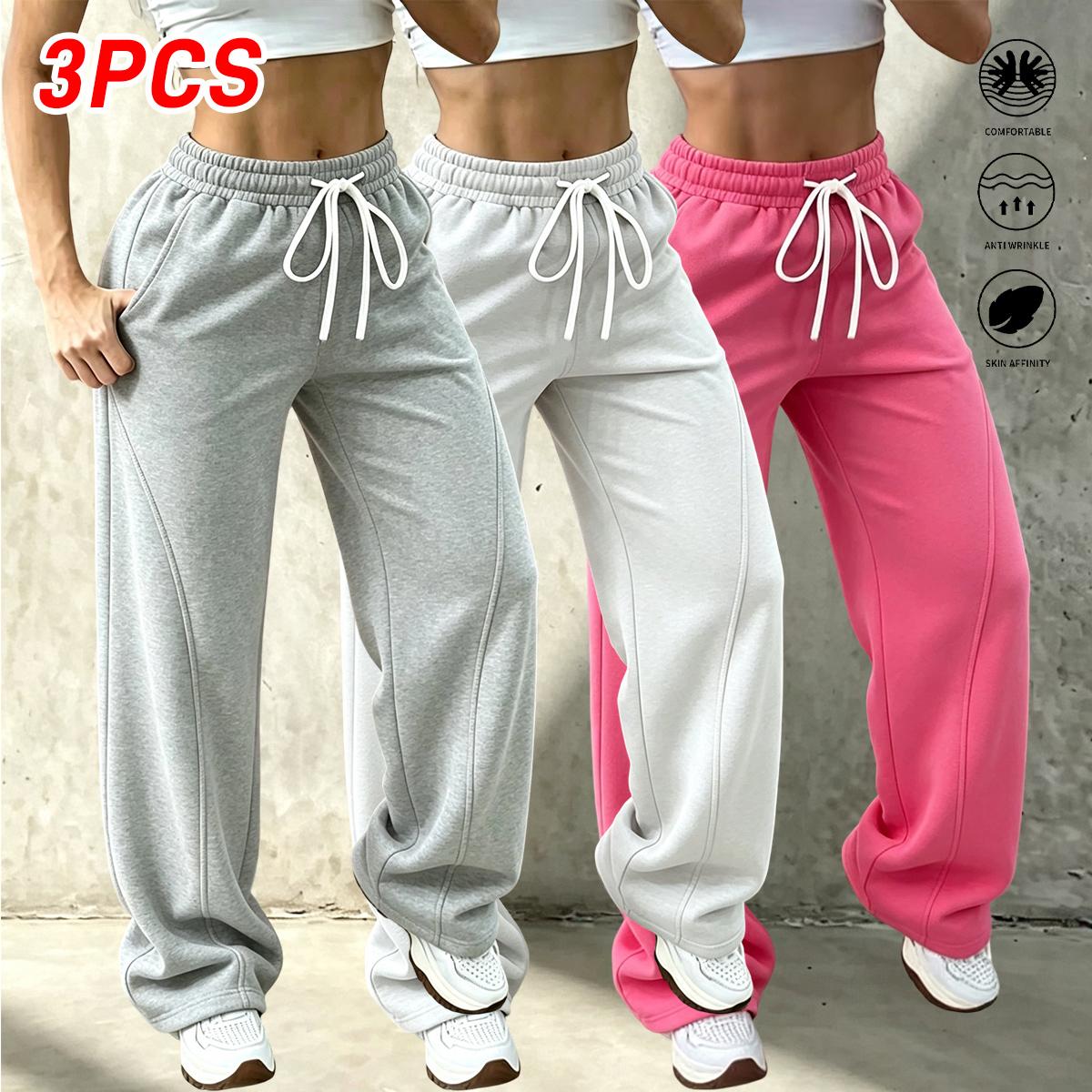 Set of 3 women’s loose casual fleece cotton loungewear pants for autumn/winter, solid color basic office wide-leg pants with a simple design that’s versatile; women’s sports pants made from comfortable fabric with a casual drawstring waistband and a relax