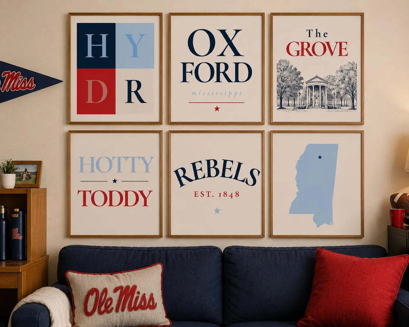 University of Mississippi Poster Set, Oxford Campus Wall Art, The Grove and Hotty Toddy College Dorm Decor, Navy Red Collegiate Print Collection, Graduation Gift for Students, Alumni, Rebels Fans, Home Office, Game Room and Living Room