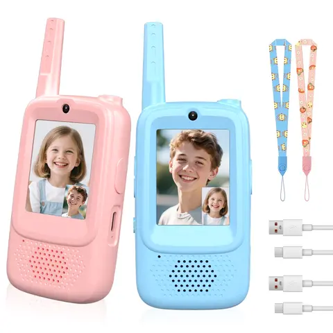 800mAh Long-Distance Video Walkie Talkies for Kids 2 Pack with Real-Time Video & Voice Chat Fun Voice Changer Video Effects Rechargeable Long Range Lovely Xmas Gifts Durable Remote