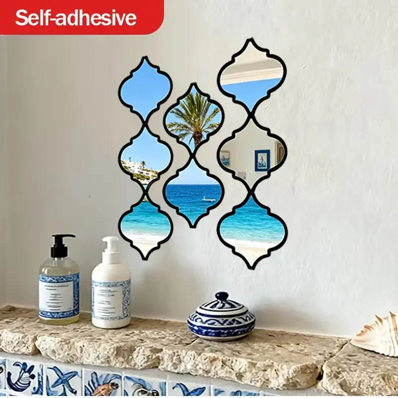 Large Classic Black Moroccan Art Decorative Mirror Set 9Pcs, Wall Mounted Mirror, Acrylic Wall Mount Polished Finish Wall Mirror, Ideal Home Decor for Bathroom Living Room Hallway & Great Gift, Bathroom Mirrors