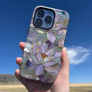 Retro purple lotus pattern, durable and shock-absorbing glossy 2-in-1 phone case, suitable for iPhone 17, 16, 15, 14, 13, 12, 11, X, Samsung and other series models. Can be given as a holiday gift to friends or family.
