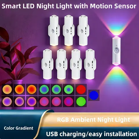3/4Pcs Smart LED Motion Sensor Night Light - RGB Gradient Dimmable Magnetic USB Rechargeable Wall Lamp, Home Accessory, Apartment Accessories, ABS, Room Decor, Entryway Decor, Bedroom Ambient Lighting