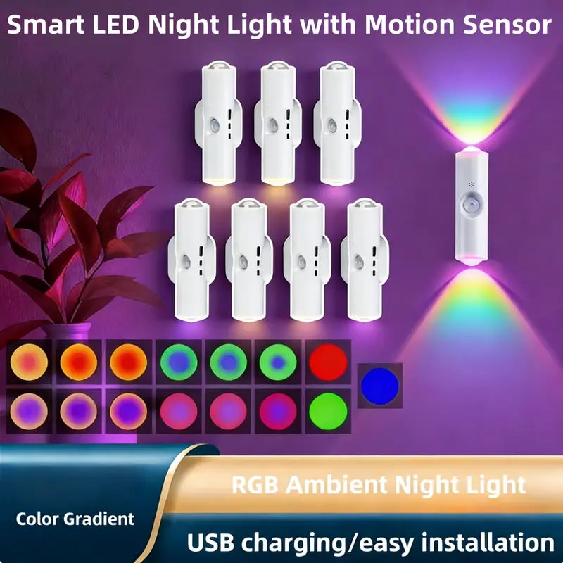 3/4Pcs Smart LED Motion Sensor Night Light - RGB Gradient Dimmable Magnetic USB Rechargeable Wall Lamp, Home Accessory, Apartment Accessories, ABS, Room Decor, Entryway Decor, Bedroom Ambient Lighting