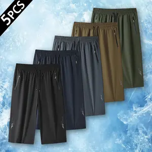 Men's 5-Pack Quick-Dry 3/4 Length Pants, Ice Silk Breathable Fabric with Zipper Pockets & Reflective Logo, Elastic Waist with Drawstring, Moisture-Wicking, Perfect for Gym, Running, Training & All-Day Comfort
