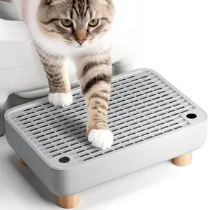 Litter Box Ramp with Wooden Base, Anti-Tracking Litter Box Step Catcher, Easy to Clean Non-Slip Cat Stair, Ideal for Kittens & Senior Cats, Grey