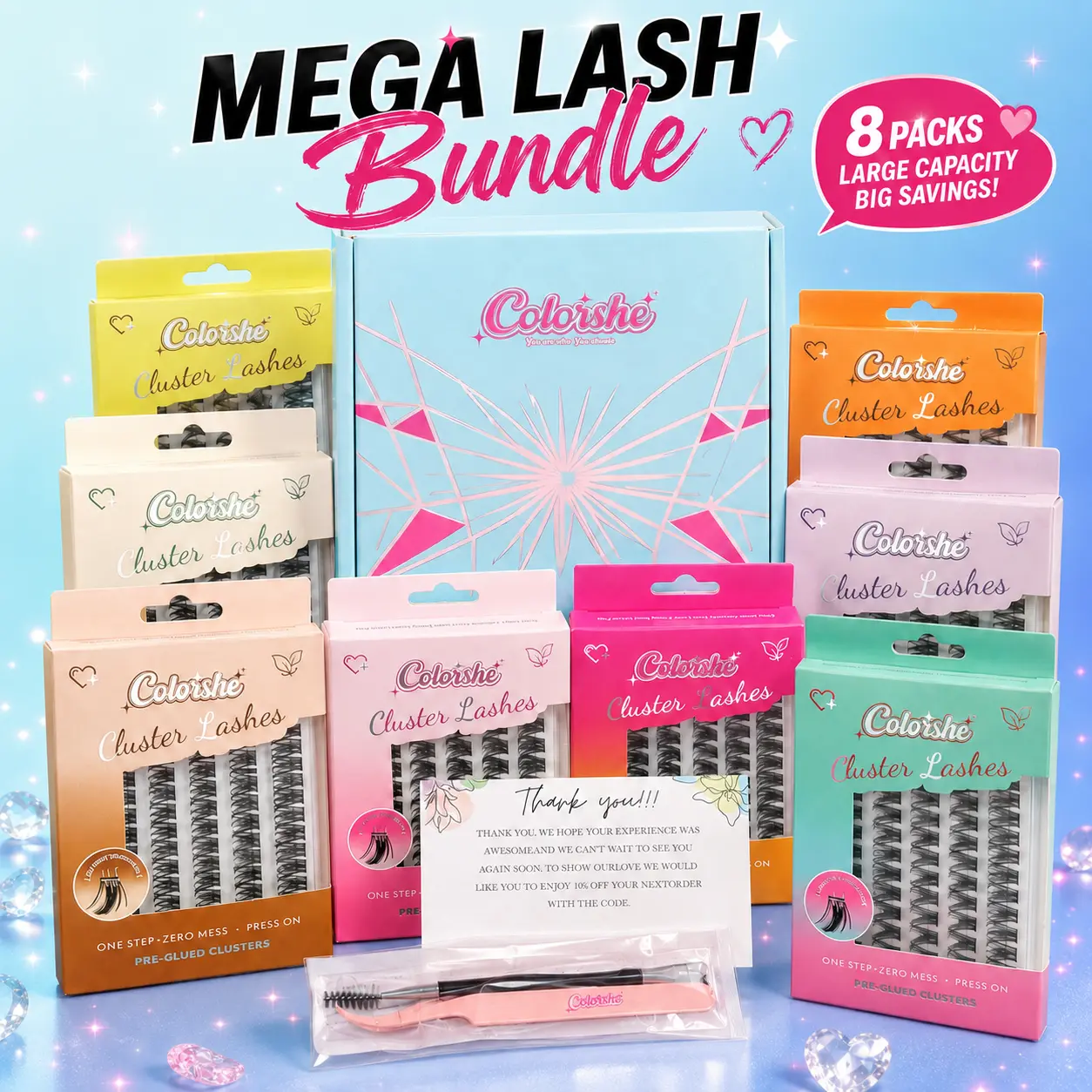 Coloishe Self Adhesive Lash Clusters Kit - No Glue DIY Cluster Lashes, Nano Jelly Adhesive, Lightweight Mixed Length False Eyelashes,8 Different Styles for Every Look