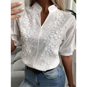 Women's Summer White Short Sleeve V-neck Lace Hollow Out Casual Elegant Tops 2024