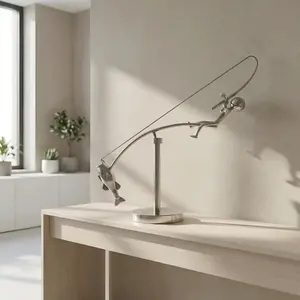 The Fisherman Balancing Sculpture Decor , Metal Art Desk Decoration, Fishing Enthusiast Gift For Dad, Idea Modern Design Silver, Figurine Fisherman Statue Balancing, Gift Father Day, Gift For Him