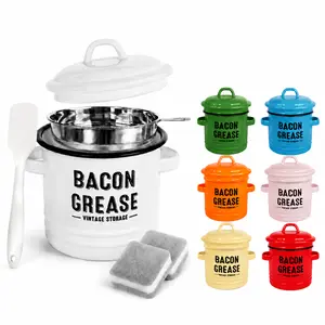 46oz Large Capacity Vintage Enamel Bacon Grease Container with Fine‑Mesh Strainer Silicone Spoon & Cleaning Sponges, Food‑Safe Rust‑Proof Oil Storage Pot, Easy‑Clean Retro Kitchen Must‑Have for Bacon Lovers & Home Cooks filter kitchen utensil bbq safe