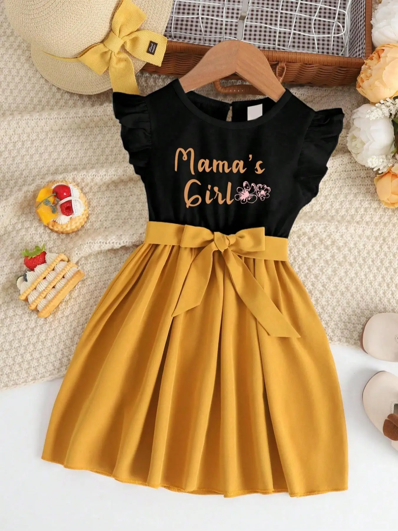 Toddler Girl's Colorblock Letter Print Belted Dress, Casual Butterfly Sleeve Round Neck A-line Dress, Kids Summer Clothes for Daily Wear, Going Out Ou