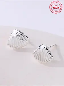 925 Sterling Silver Shell Shaped Stud Earrings, Fashionable Earrings for Women & Girls, Trendy All-match & Exquisite Jewelry for Birthday Gift