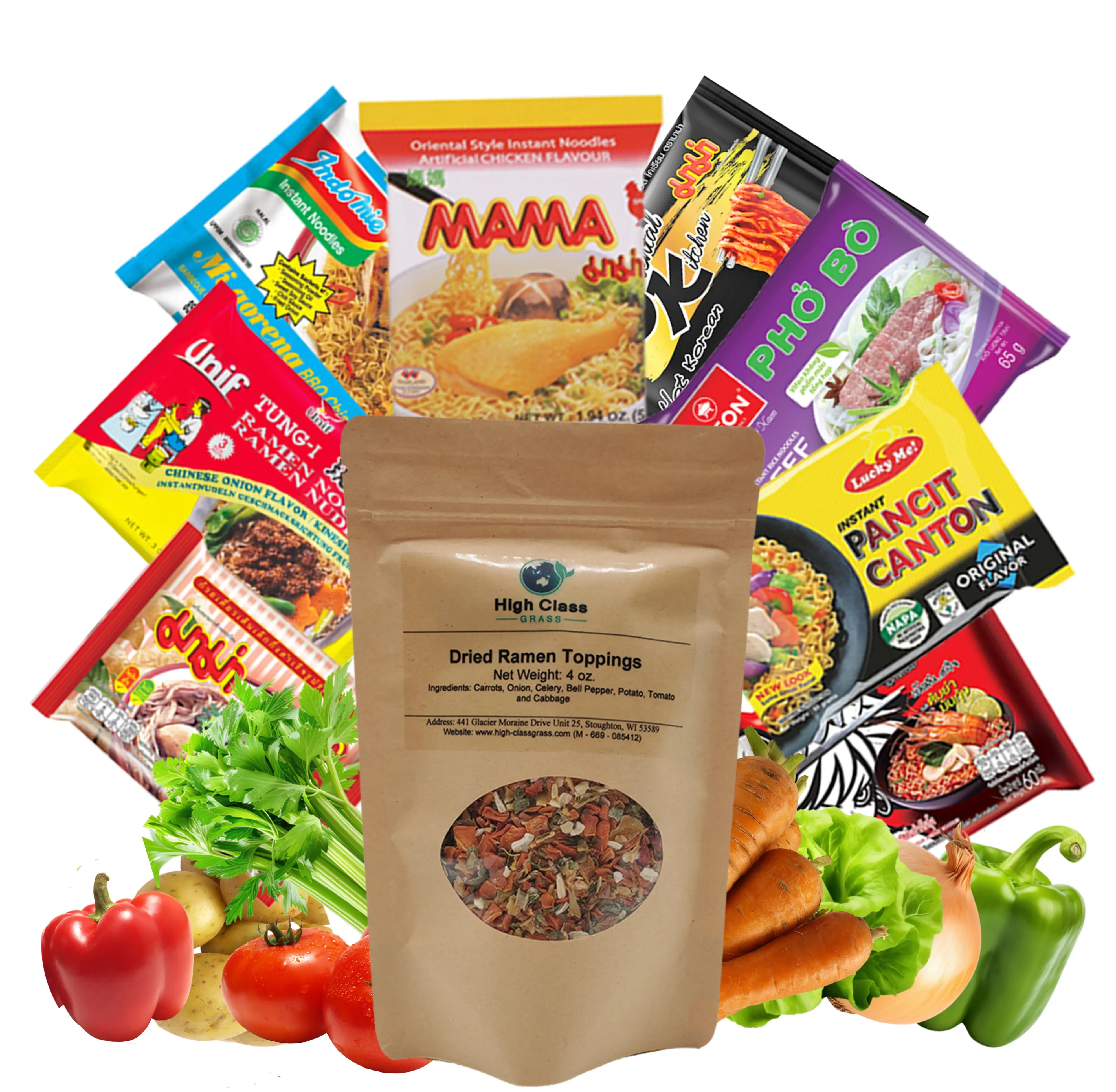 High Class Grass Ramen Noodles with Toppings, 8 Mystery Instant Noodle Packets with Dehydrated Vegetable Flakes