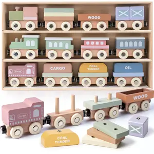 Joyreal Wooden Train Set for Toddlers, 12PCS Montessori Magnetic Train Cars with Storage Gift Box, Compatible with Major Brands, Wooden Baby Stacking Blocks Toy, Birthday Gift for Boys Girls, Summerwins
