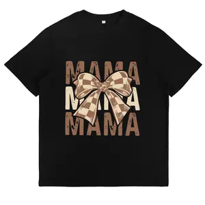 Mama Checkerboard Bow Graphic Tee Trendy Retro Shirt Cute Mom Gift Top Casual Daily Wear For Women