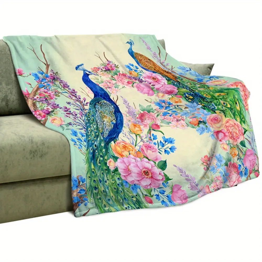 [Home Relaxation] 100% Polyester Nature-Inspired Peacock Floral Fleece Fabric Throw Blanket - Soft, Luxurious, All-Seasons, Machine Washable - Ideal for Couch, Bed (Indoor Use)