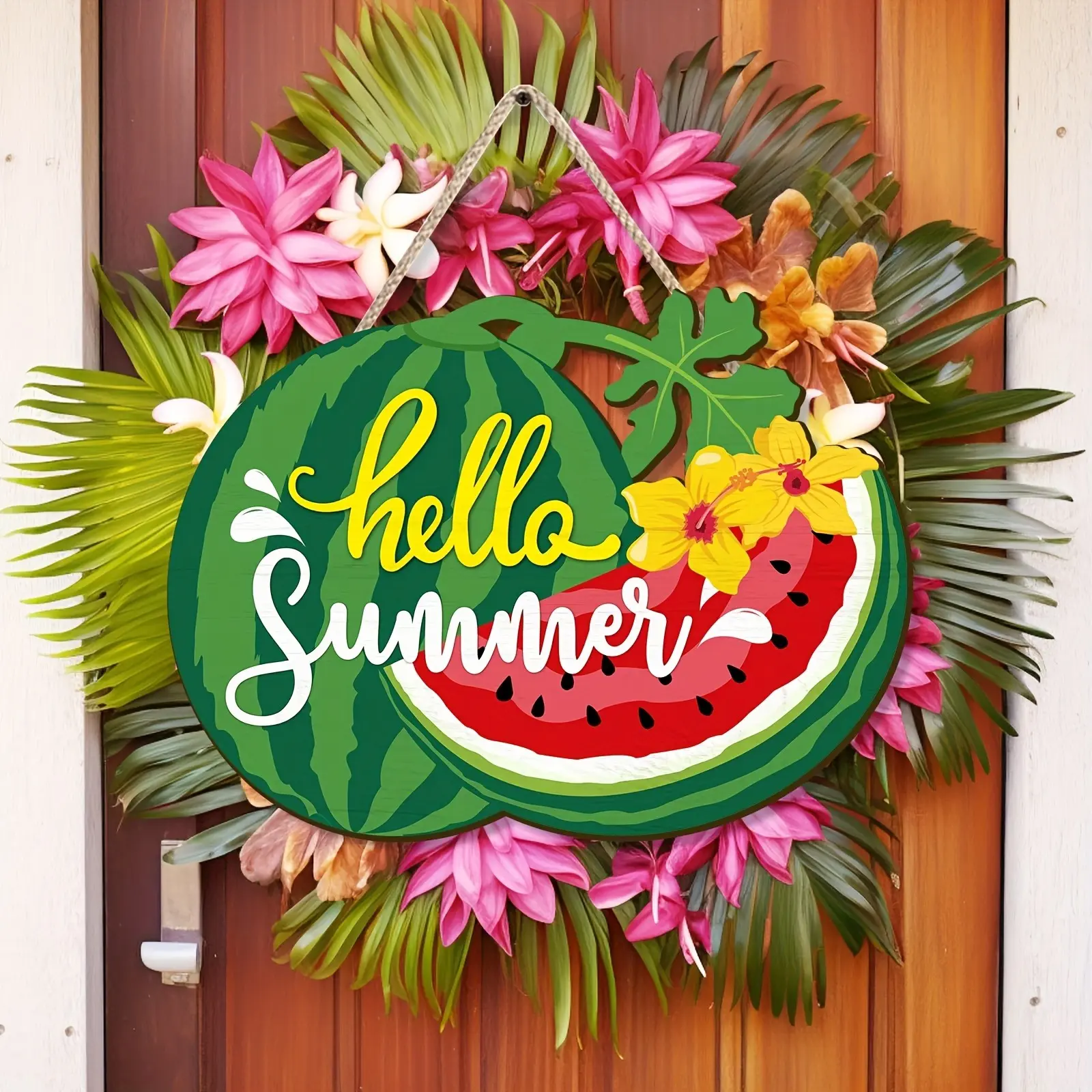 Summer Greeting Watermelon Wall Decor, Artificial Wood Recycled Sign with Tropical Flowers, Indoor Outdoor Porch Front Door Kitchen Decoration