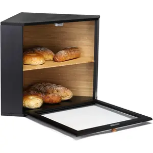 Double Layers Bamboo Corner Bread Box for Kitchen Counter, Wooden Large Capacity Bamboo Bread Food Storage Bin (Black) No brand