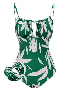 1960S GREEN LEAF SLEEVELESS CAMISOLE STRAP SWIMSUIT High Stretch Swimwear